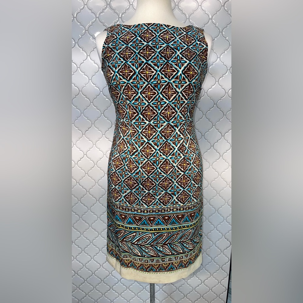 Sag Harbor Dress, size 8, sleeveless brown & turquoise, EUC